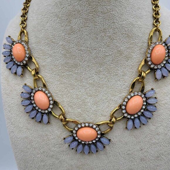 J Crew Rose Gold Tone Pink Gray Resin Stone Clear Crystal Necklace - Picture 3 of 10